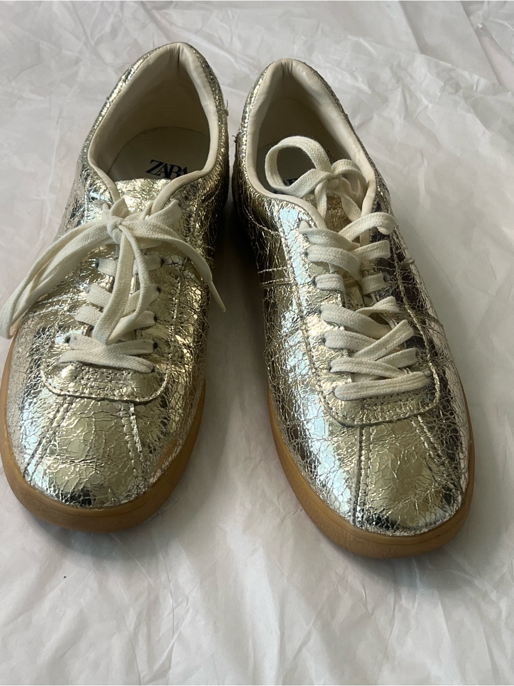 Zara Cracked Metallic Gold Sneakers with Cream Laces - Picture 11 of 15